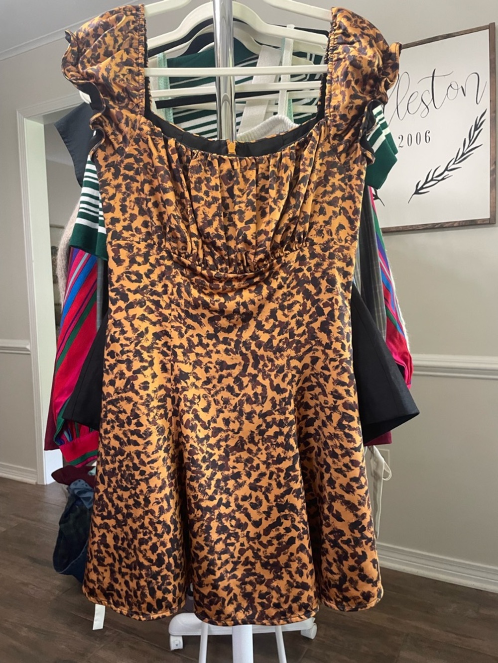 C/MEO Collective Abstract Animal Print Dress Puff Sleeve Fit & Flare Size S